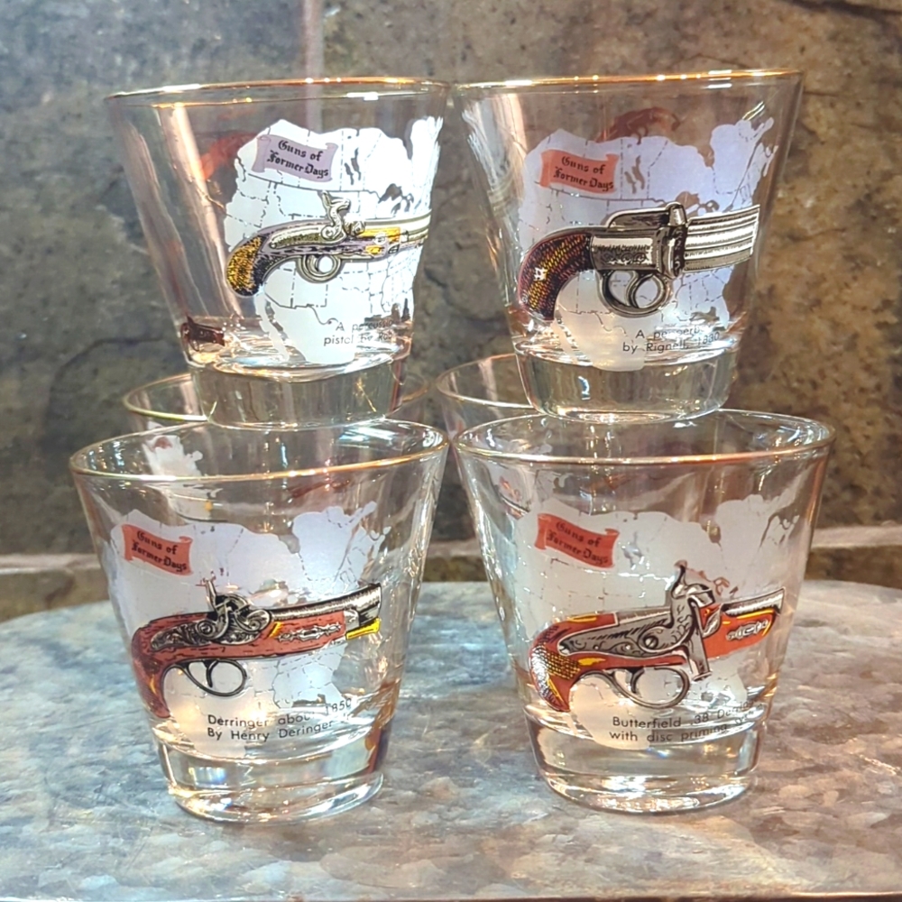 Vintage MCM Guns of Former Days Whiskey Low Ball Glasses set of 6